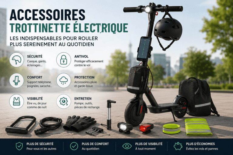 trottinette électrique et l'ensemble des accessoires qui l'accompagne