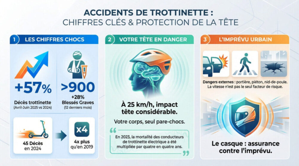Graphique montrant la hausse des accidents de trottinette &eacute;lectrique et l'importance de la protection de la t&ecirc;te