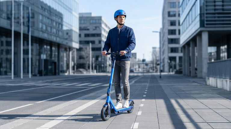 Utilisateur portant un casque sur une trottinette électrique en ville, illustration d’un déplacement urbain du quotidien.