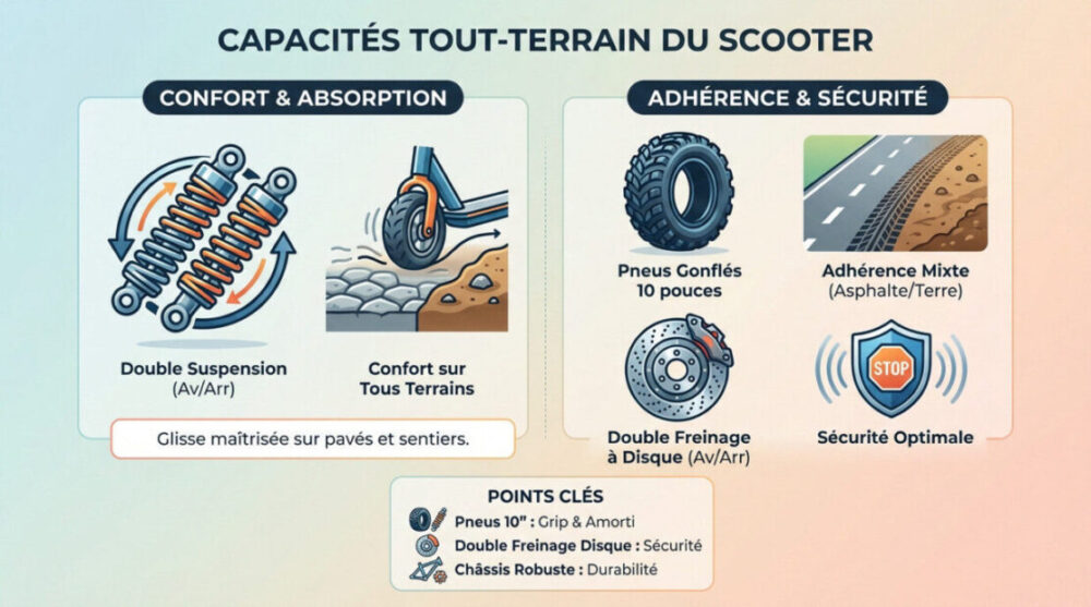 Suspensions et roues tout-terrain de la trottinette E-Cross Pro en action