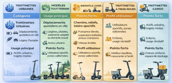 Infographie comparant plusieurs types de trottinettes &eacute;lectriques selon leur usage, leurs avantages et le profil d&rsquo;utilisateur.