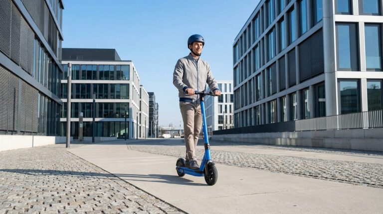 Personne circulant en trottinette électrique dans un quartier urbain moderne, illustration d’un usage quotidien en ville.