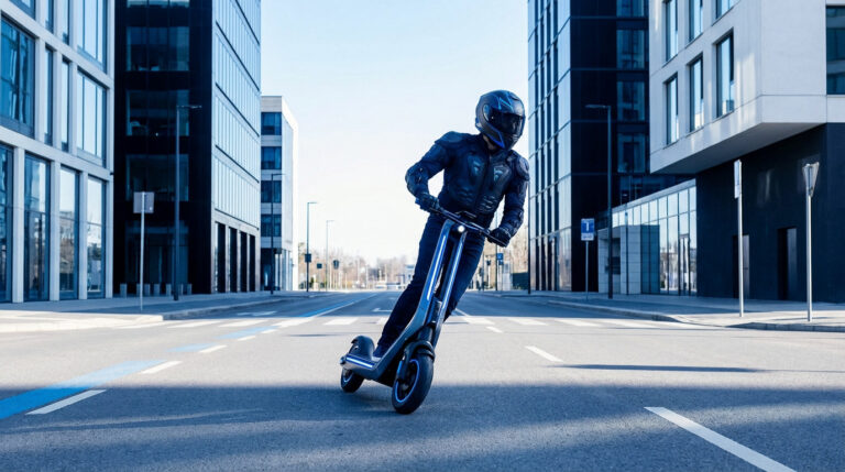 Conducteur équipé d’un casque roulant en trottinette électrique dans une rue urbaine, illustration de la mobilité individuelle en ville.