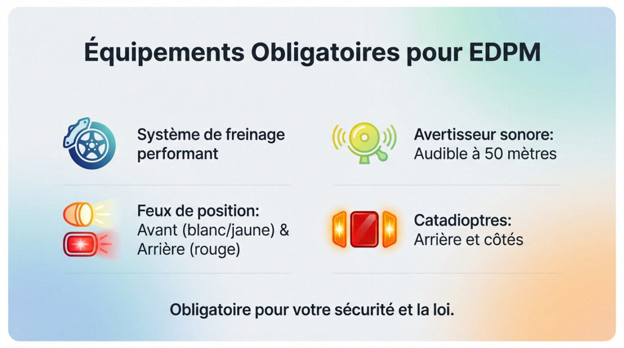 Sch&eacute;ma des &eacute;quipements obligatoires pour trottinette &eacute;lectrique et EDPM