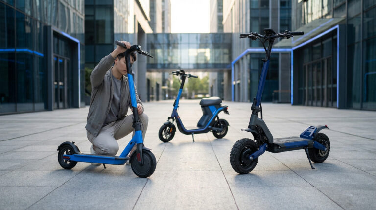 Comparatif visuel de plusieurs trottinettes électriques dans un environnement urbain moderne, avec différents modèles selon les usages.