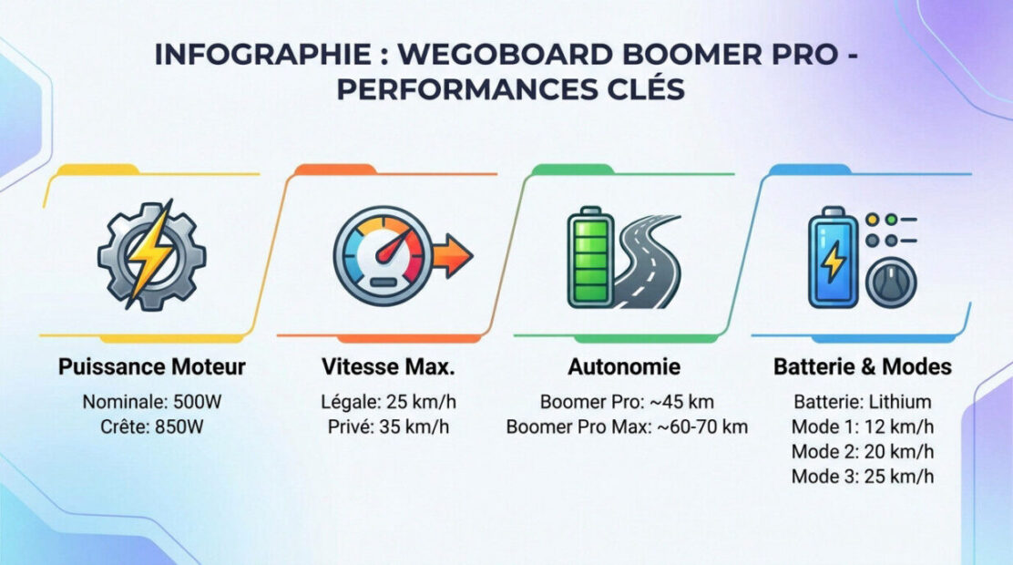 Infographie d&eacute;taillant les performances du moteur et de l'autonomie de la Wegoboard Boomer Pro