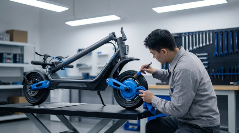 Technicien effectuant l’entretien d’une trottinette électrique en atelier, illustration de la maintenance et de la réparation du véhicule.