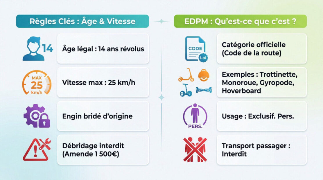 Infographie résumant les règles de circulation et de sécurité pour les EDPM