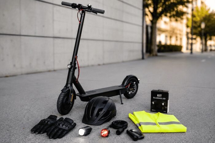Trottinette &eacute;lectrique avec casque, gants, &eacute;clairages et gilet r&eacute;fl&eacute;chissant