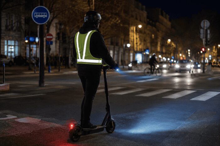 Utilisateur en trottinette &eacute;lectrique portant un casque et un gilet r&eacute;fl&eacute;chissant de nuit en ville