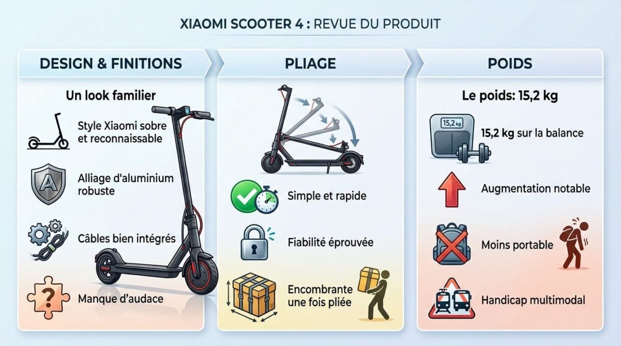 Infographie d&eacute;taill&eacute;e du test et avis Xiaomi Scooter 4 montrant le design et les caract&eacute;ristiques