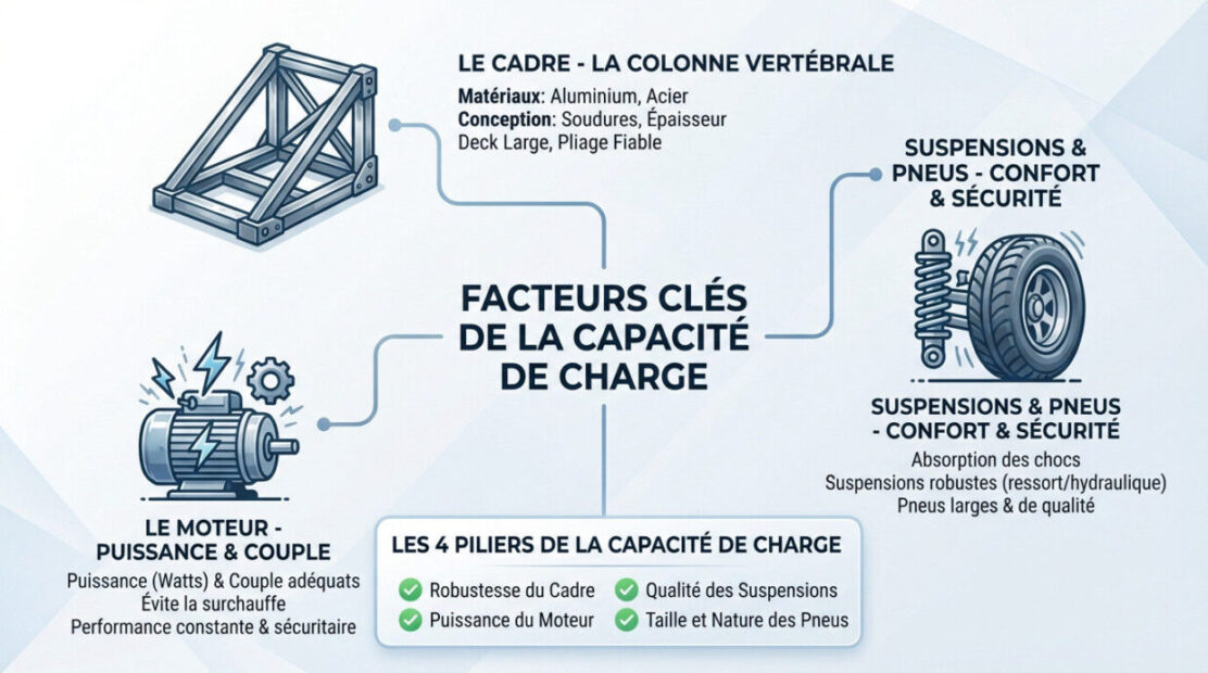 Infographie d&eacute;taillant les facteurs cl&eacute;s de la capacit&eacute; de charge d'une trottinette &eacute;lectrique : cadre, moteur, suspensions et pneus