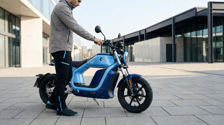 Utilisateur à côté d’un scooter électrique bleu dans un environnement urbain moderne.
