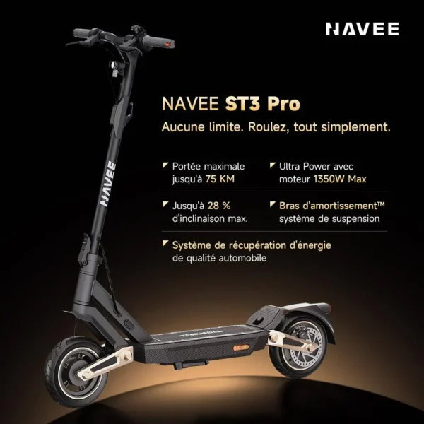 Navee ST3 Pro trottinette électrique noire — moteur 1350W, autonomie 75 km, suspension Damping Arm et capacité 28% en côte